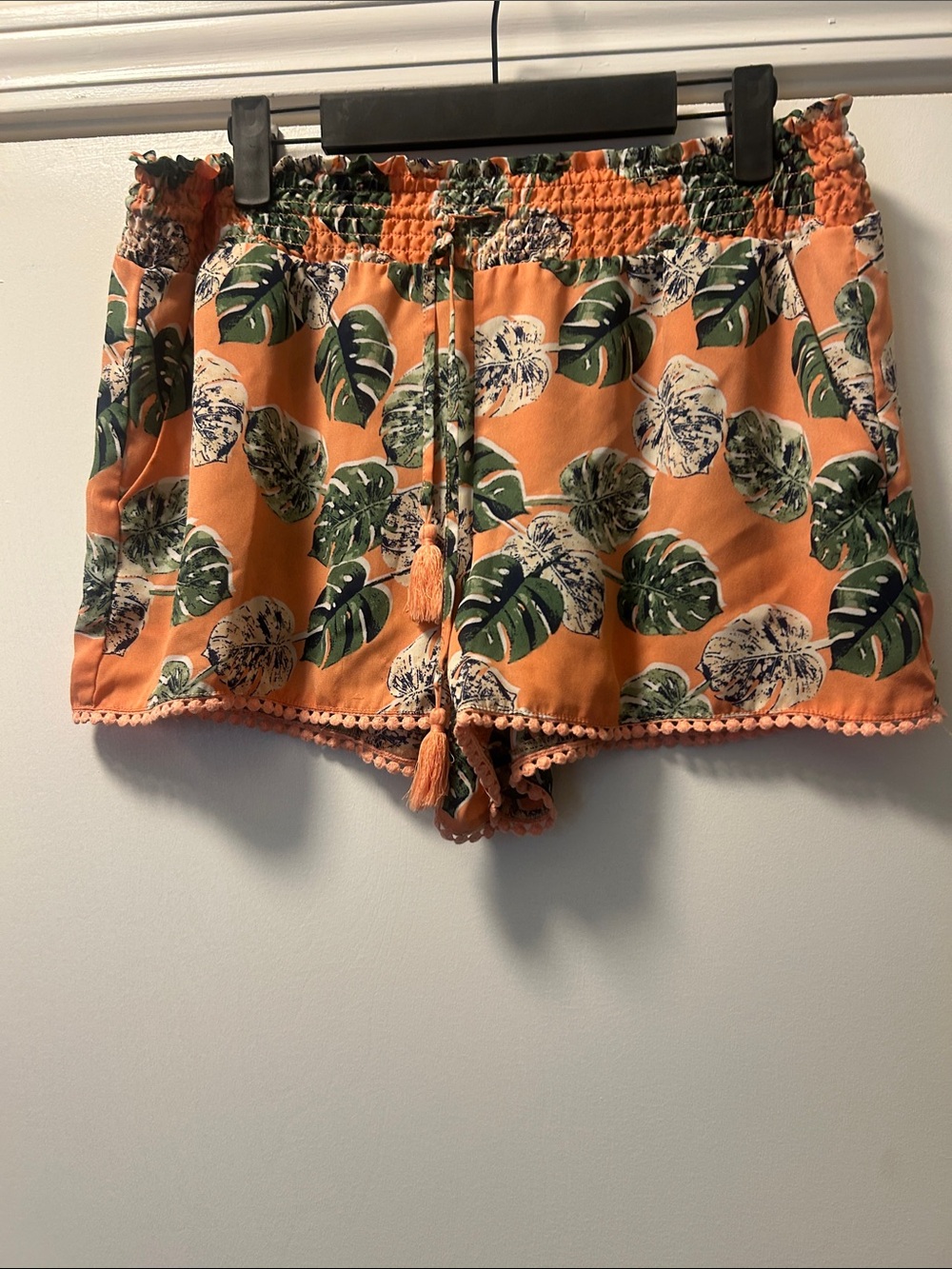 Jolt Orange Tropical Leaf Elastic Waist Shorts